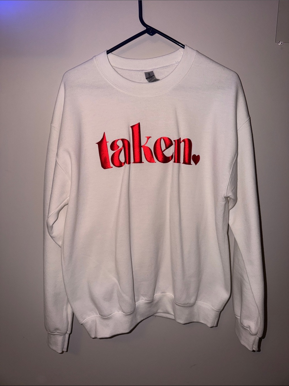 Gildan White Crewneck Sweatshirt with Red "taken" Graphic